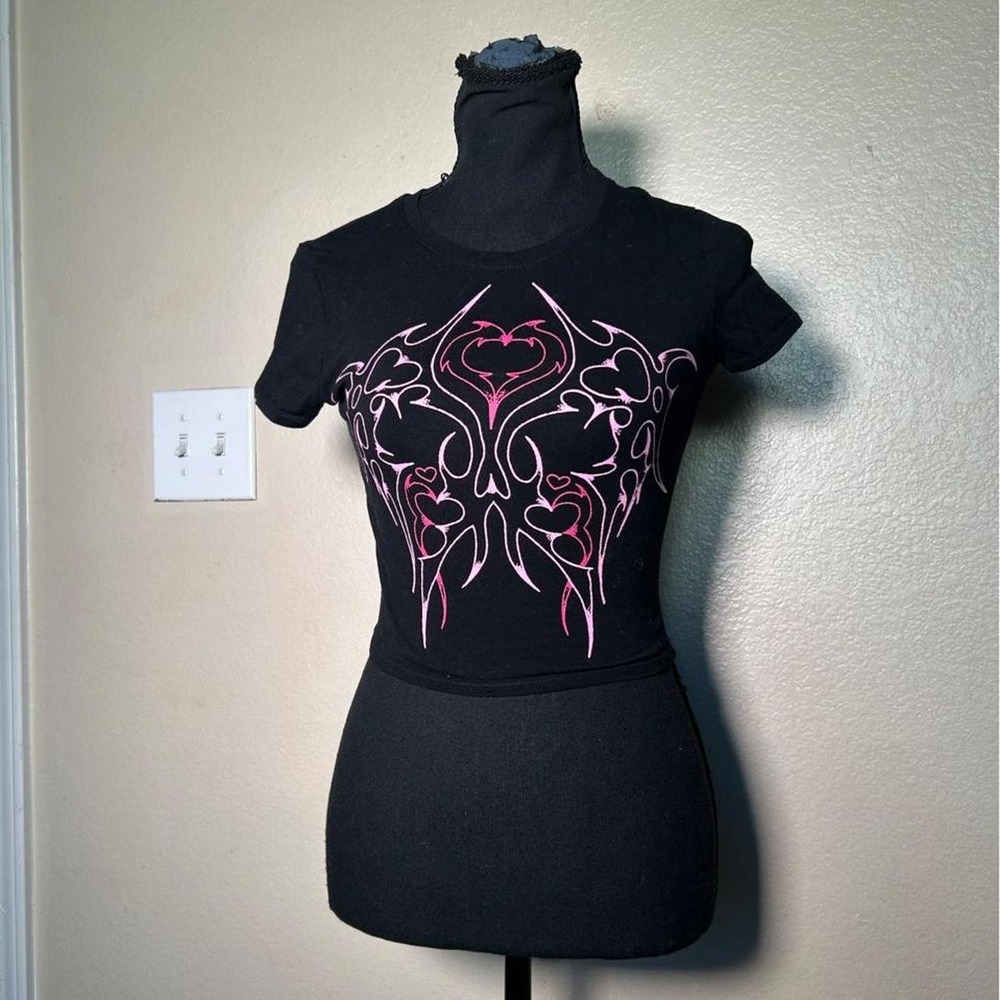 Vitriol Y2K Black Pink Grunge Graphic Baby Tee Crop Top XS